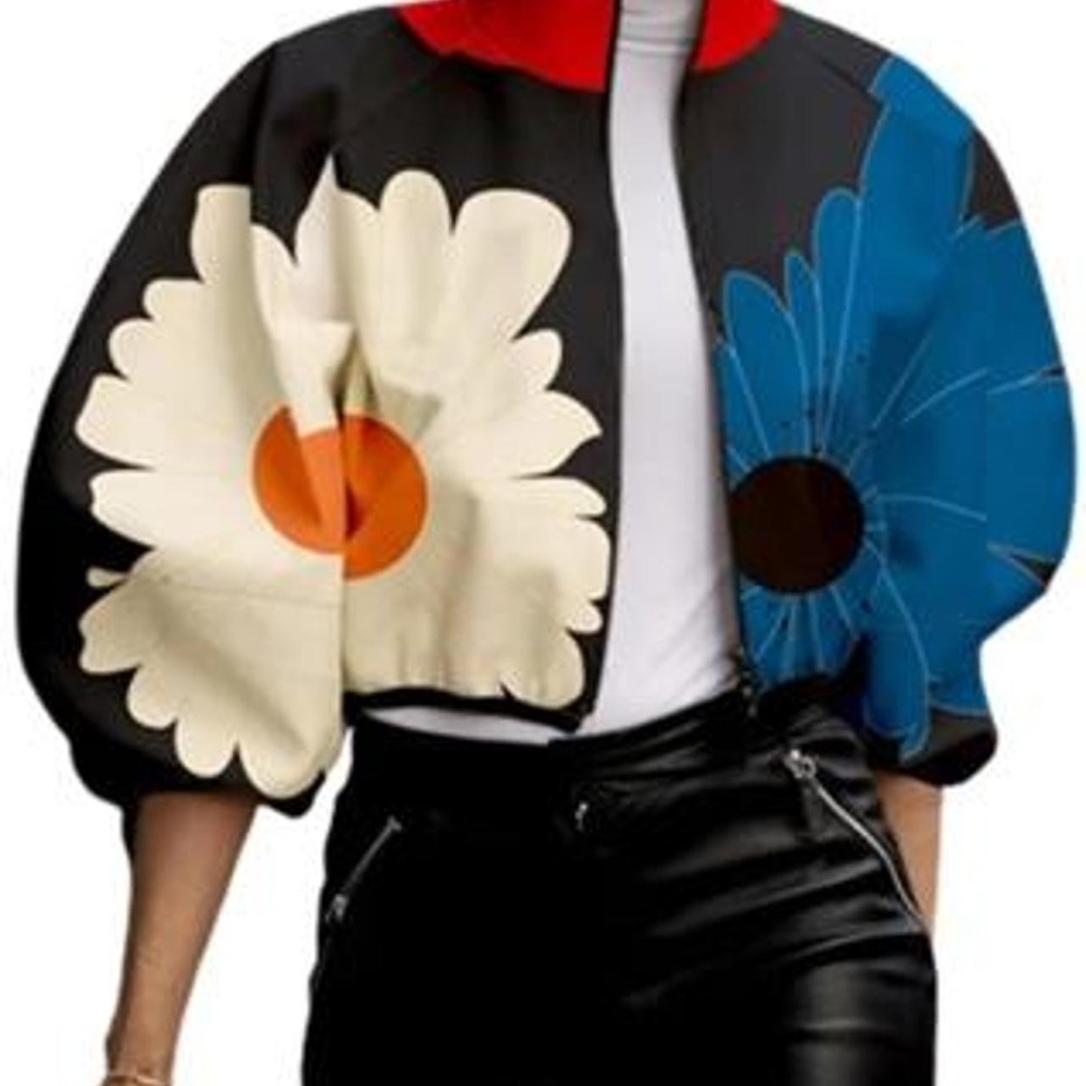 OSHOPLIVE Women's Contrast Color Floral Printed Stand Collar Cropped Jacket